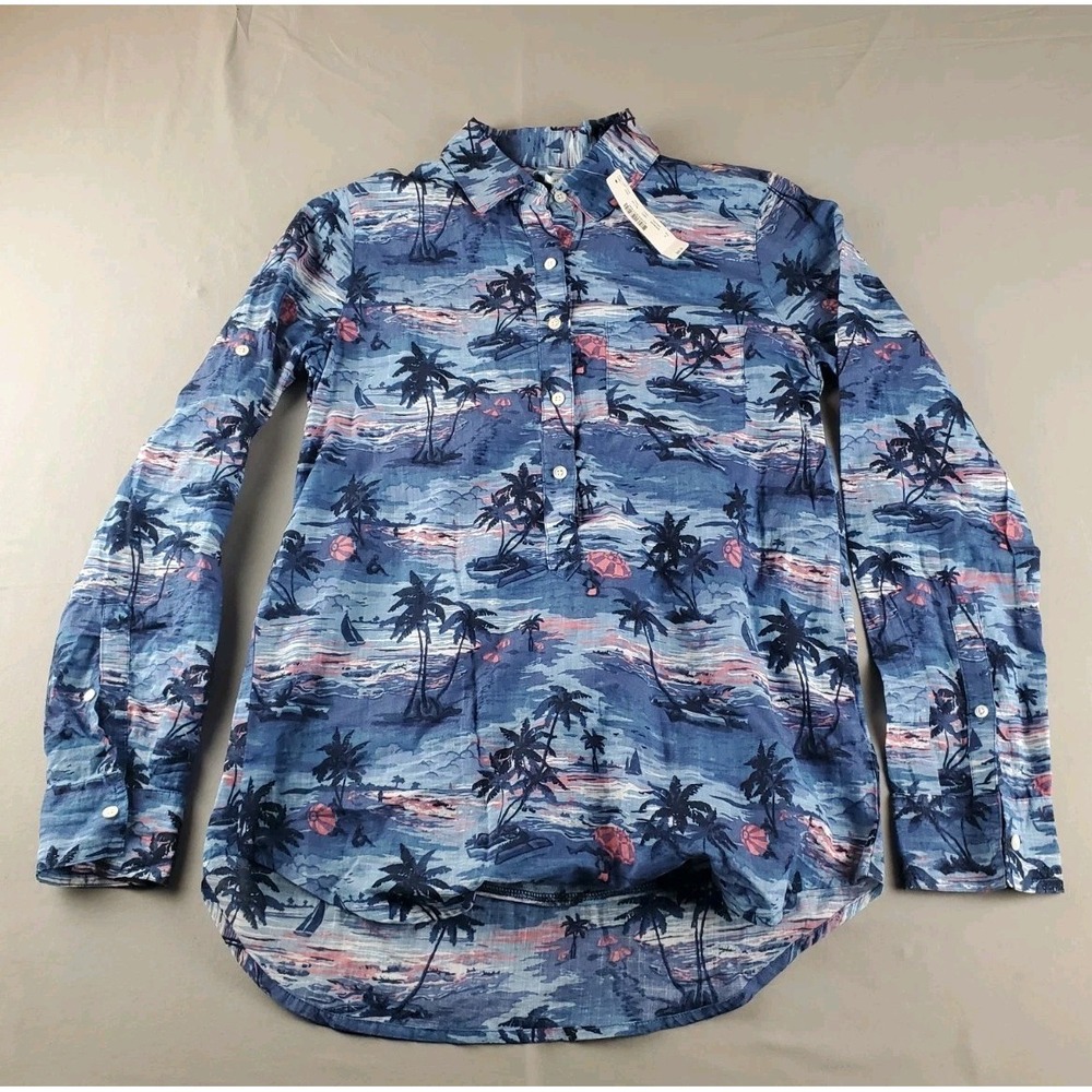 J Crew Camp Popover Shirt Womens Xxs Hawaiian Sunset Blue Palm Tree Blouse